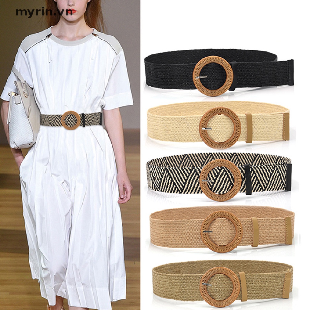 Thắt Lưng Dây Rơm Bện Co Giãn Khóa Tròn Phong Cách Boho Cổ Điển Cho Nữ