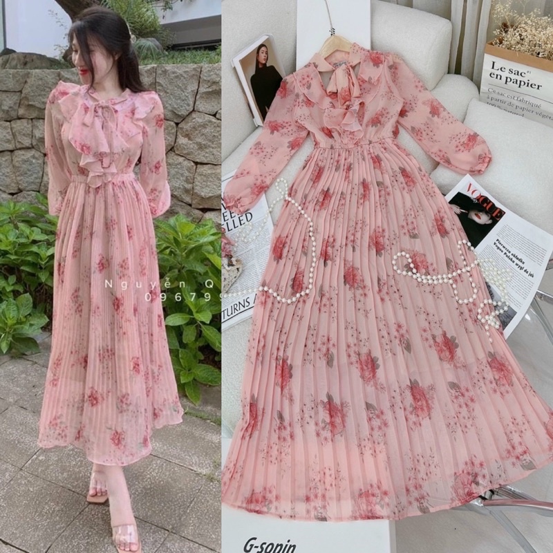 Đầm voan hoa hồng dập xếp ly nơ cổ tay dài, váy thời trang nữ kín đáo nhẹ nhàng sang trọng dễ thương, đồ đi chơi dạo phố
