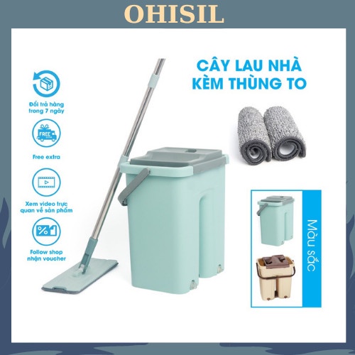 Cây Lau Nhà Tự Vắt 360 OHISIL Chổi Lau Nhà Xoay 360 Kèm Thùng To + Tặng Kèm 2 Bông Lau