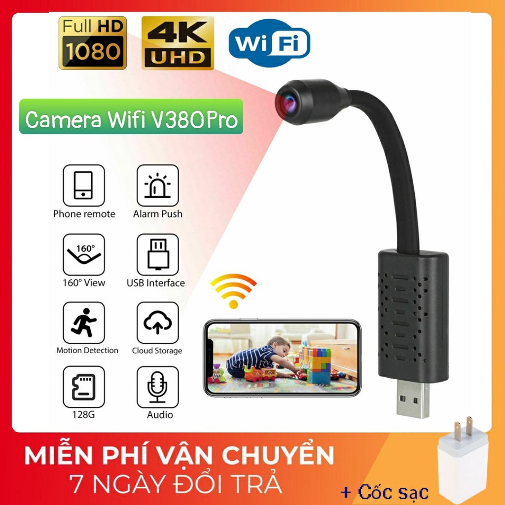 Camera IP Wifi V380Pro USB chất lượng 4K, Góc siêu rộng, siêu nét