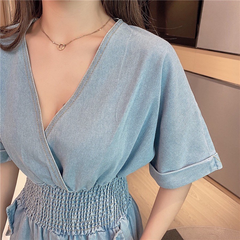 Jumpsuit Jean Quần Dài Áo Cổ V Đắp Chéo Cá Tính