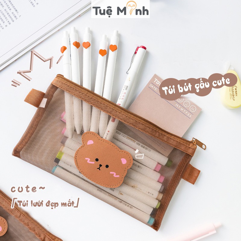 Túi bút hình gấu dễ thương vải lưới K36 - bóp viết hộp đựng bút cute