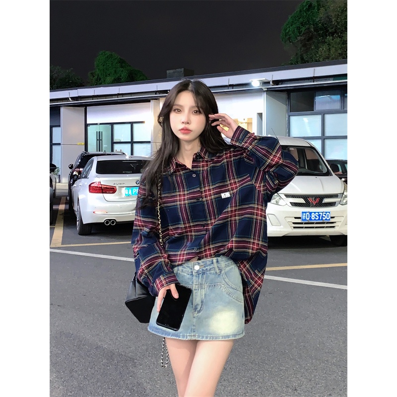 Áo sơ mi ZHELIHANGFEI tay dài dáng rộng họa tiết kẻ sọc phong cách học đường Mỹ thời trang dễ phối đồ