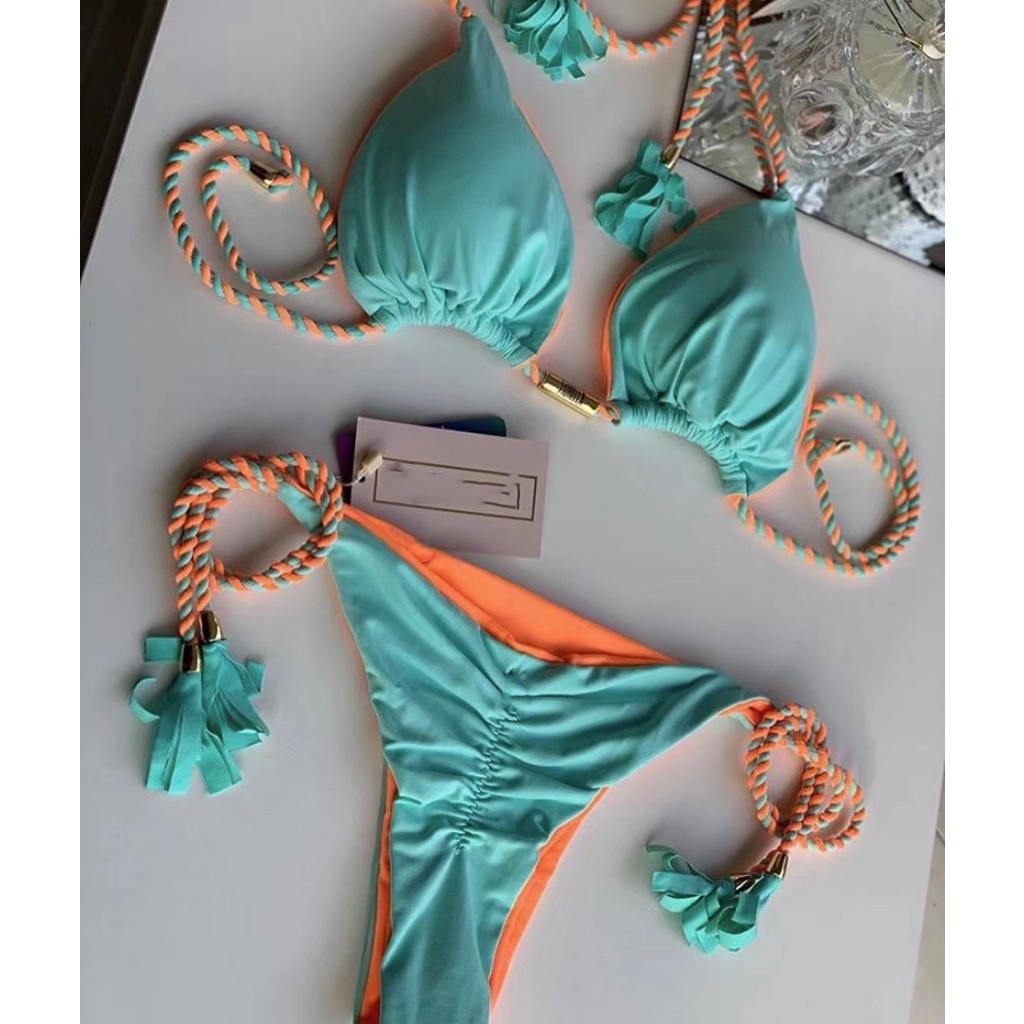 Bộ Đồ Bơi Bikini Hai Mảnh Tam Giác Màu Sắc Xanh Dương / Hồng Phối Tua Rua Gợi Cảm Cho Nữ