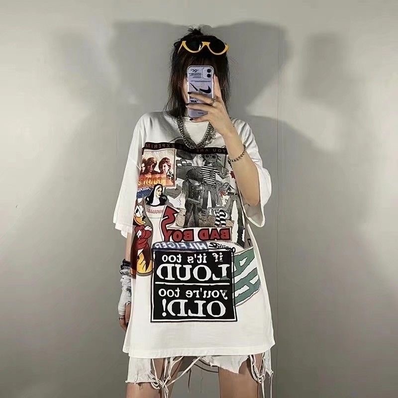 Áo thun MMIOT Y2K Y2K tay ngắn cổ tròn in họa tiết hoạt hình graffiti phong cách harajuku thời trang mùa hè size S-5XL