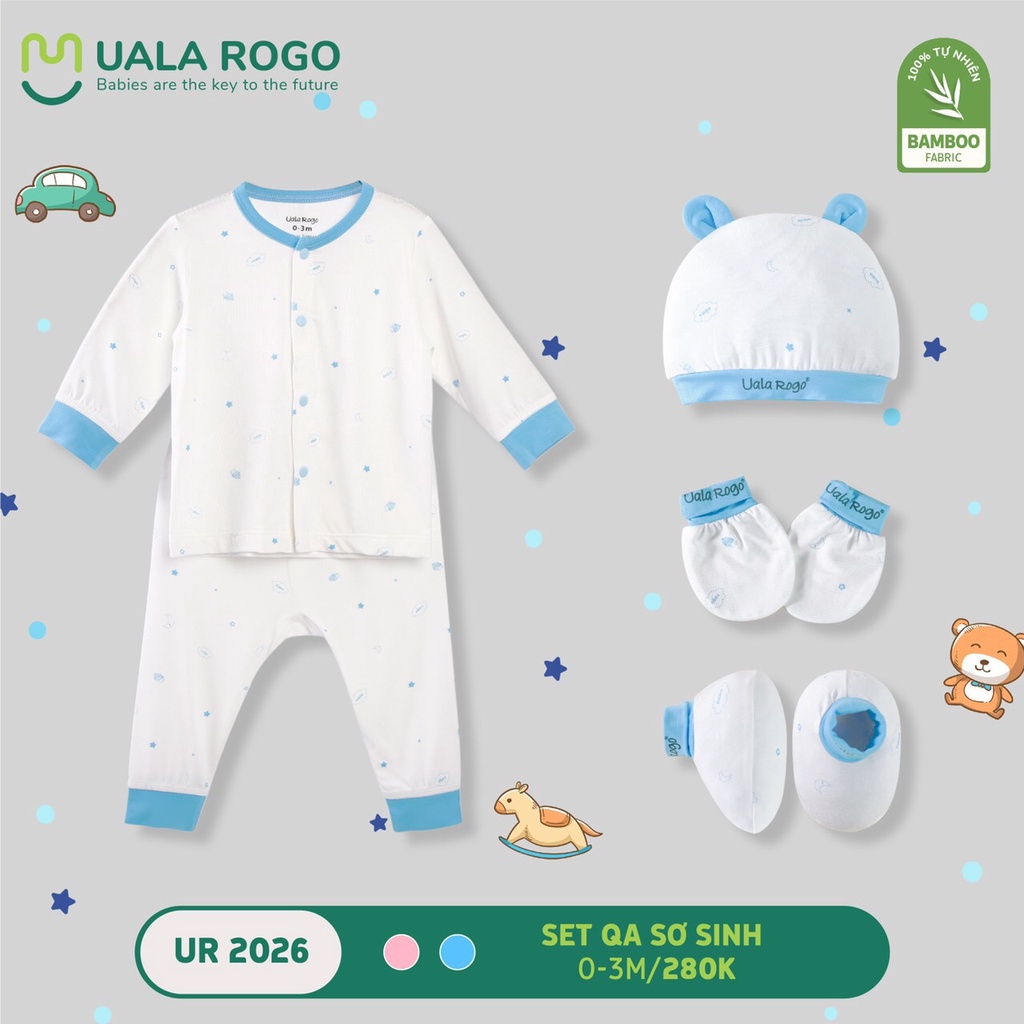 Quần áo sơ sinh bé trai bé gái Uala rogo TẶNG set mũ bao tay chân 0-3 tháng vải sợi tre Bamboo fabric mềm mịn 2026