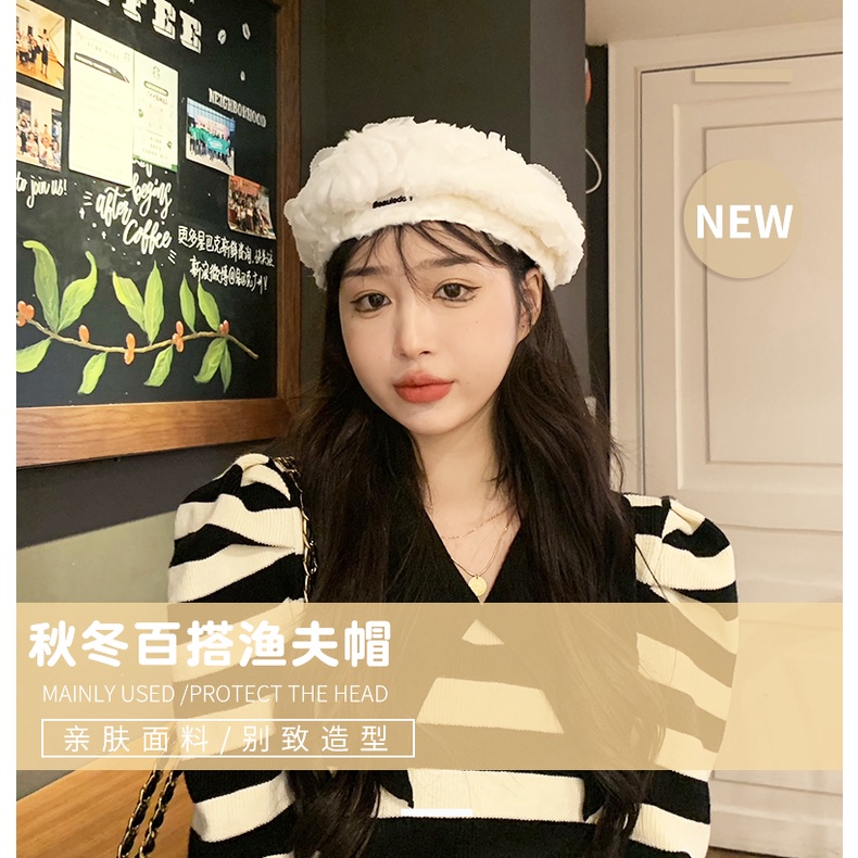 Mũ beret lông chồn giả màu trắng thời trang mùa đông cho nữ