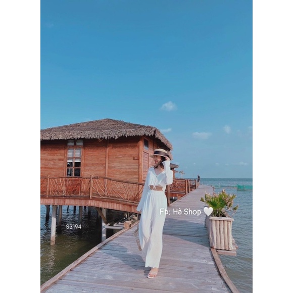 Set áo buộc dây ngực mix quần ống suông siêu xinh, Set đi biển đẹp