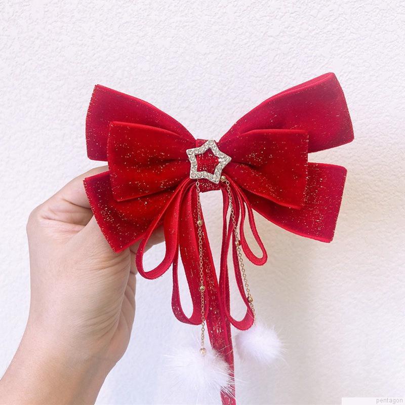 Kẹp tóc mặt nơ tua rua màu đỏ xinh xắn dành cho nữ vào tiệc giáng sinh năm mới