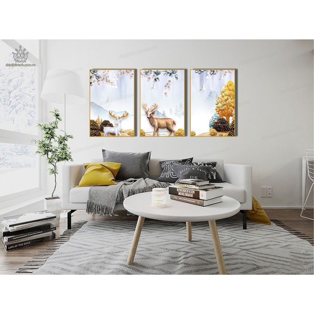 [ TUYỆT ĐẸP ] Bộ Tranh Treo Tường 3 Bức Nai Rừng Phong Cách Hiện Đại