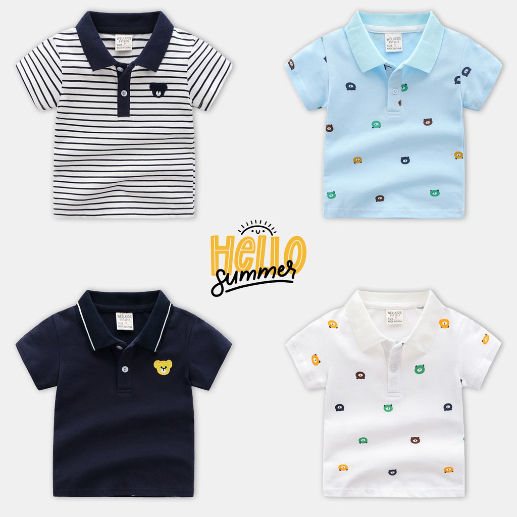 Áo Polo cho bé WELLKIDS họa tiết gấu chất cotton hàng xuất Âu Mỹ