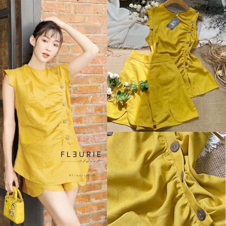 Set linen áo đính nút thân nhún nhẹ phối cùng quần short cực xinh - Yubishop YBLMSET433