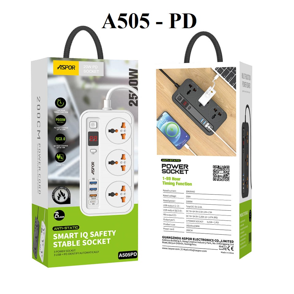 ✅𝙈𝙖̂̃𝙪 𝙈𝙤̛́𝙞✅Ổ Cắm Điện Hẹn Giờ ASPOR A505PD Có Cổng PD 40W, Ổ Cắm Điện Thông Minh, Đa Năng, Chống Giật Cao Cấp