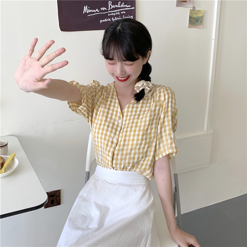 Áo sơ mi SUXI ngắn tay cổ chữ V họa tiết ca rô thời trang cho nữ