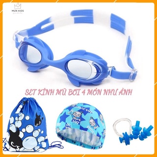 Combo set kính bơi 4 món cho bé chống mờ gồm 01 túi, mũ bơi, bịt tai, bịt mũi an toàn trẻ em bơi lội- Mun Kids