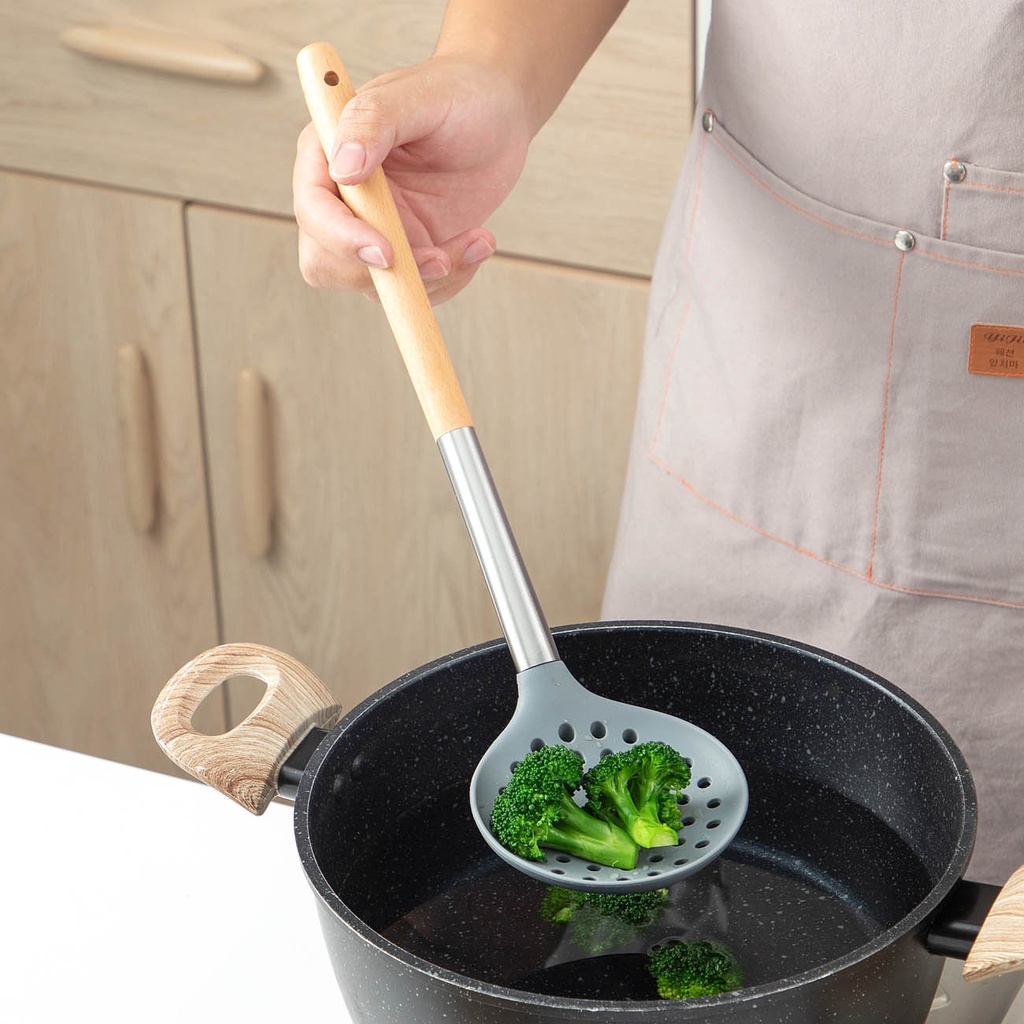 JUJIAJIA nấu ăn bằng silicon tay cầm gỗ dài chống dính tiện dụng nhà bếp