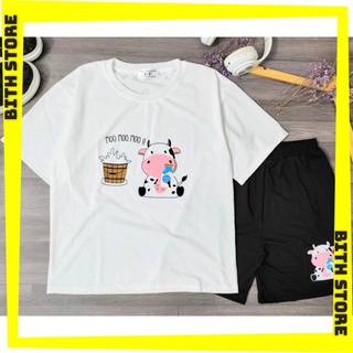 Set đồ bộ mặc nhà nữ họa tiết bò sữa và thùng sữa cực cute, set bộ đùi mặc nhà thun cotton co dãn 4 chiều