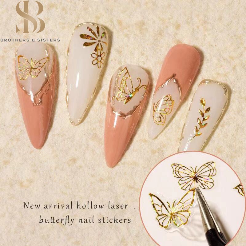 SUAKE nhãn dán Holographic laser bướm kim loại vàng/bạc trang trí móng nghệ thuật