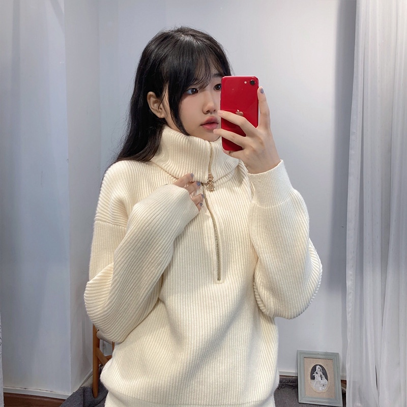 FVOO Maje 2022 spot French autumn and winter new women's clothing design sense half zipper large lapel sweater loose sweater