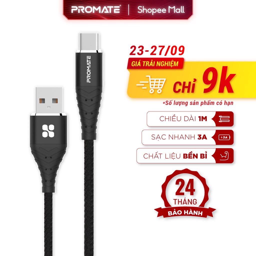 Cáp Sạc Cho Android/Máy Tính Bảng PROMATE cCord-1 Dài 1M - USB A to USB C - Dây Nylon Chống Rối, Sạc Nhanh 3A - 52793