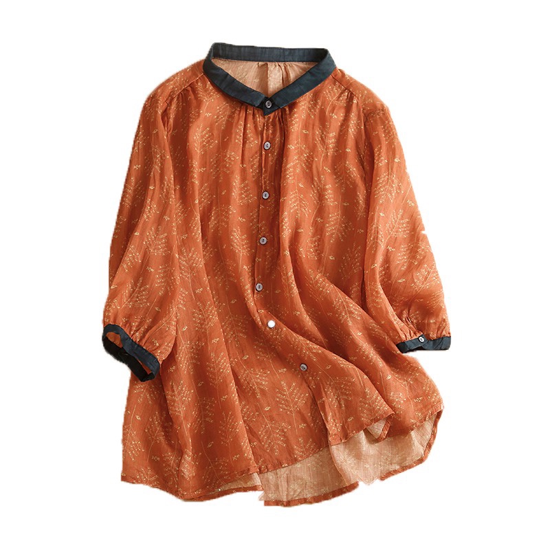Ice Japanese cotton linen shirt tops female retro printing seven-point sleeve linen brand counter cut label