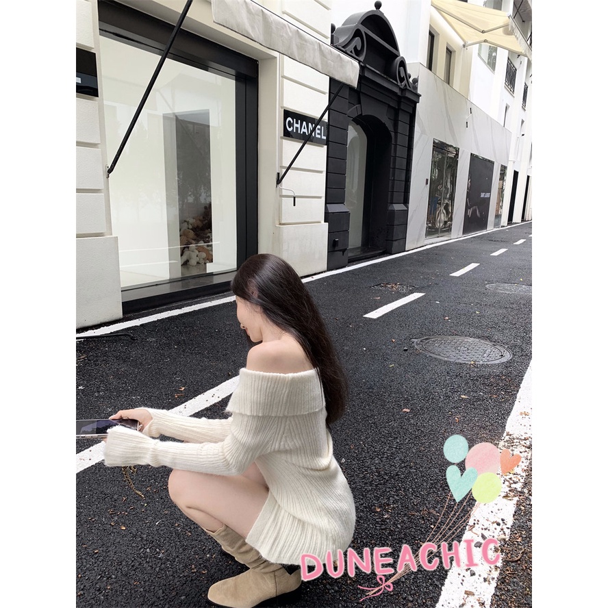 DUNEA Áo Sweater Dệt Kim Tay Dài Trễ Vai Xẻ Tà Quyến Rũ Cho Nữ