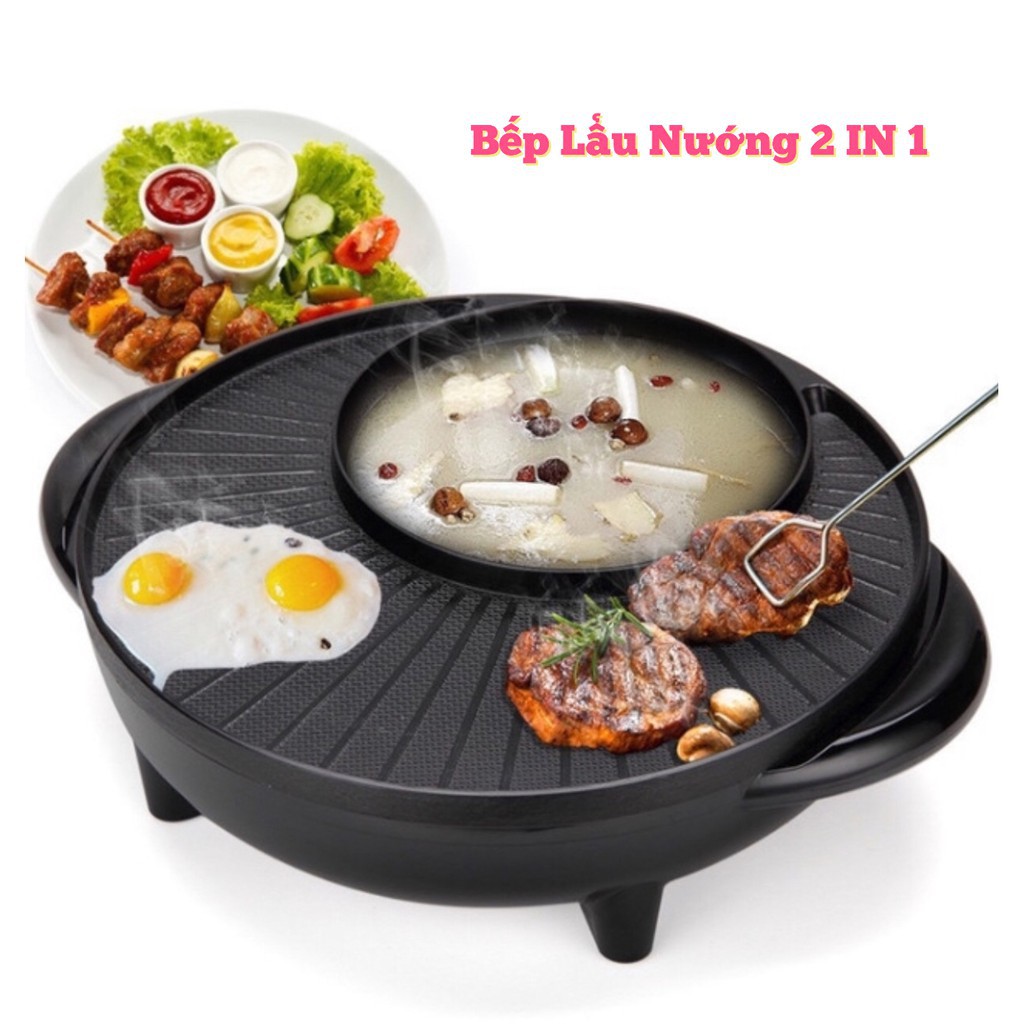 (Cao Cấp) Nồi Lẩu Điện Bếp Nướng Đa Năng Mini 2 In 1 - Vừa Nấu Lẩu Vừa Nướng