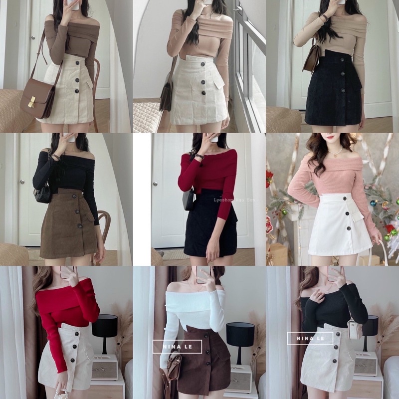 SET ÁO BẸT VAI KÈM CHÂN VÁY NHUNG LỆCH TÀ (KÈM VIDEO HÌNH THẬT)