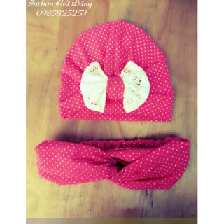 Sét mũ turban mẹ và bé chấm bi hồng sen nhỏ