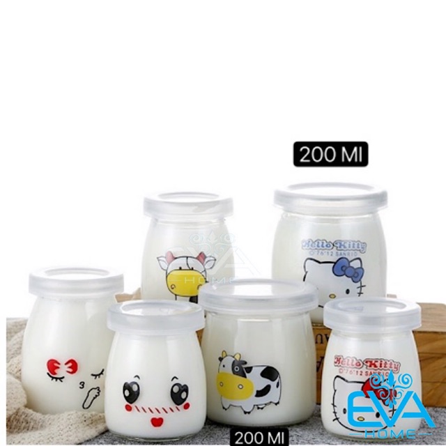 Bộ 6 Hũ Thuỷ Tinh Đựng sữa chua khổng Lồ In Hình Cute 200 Ml