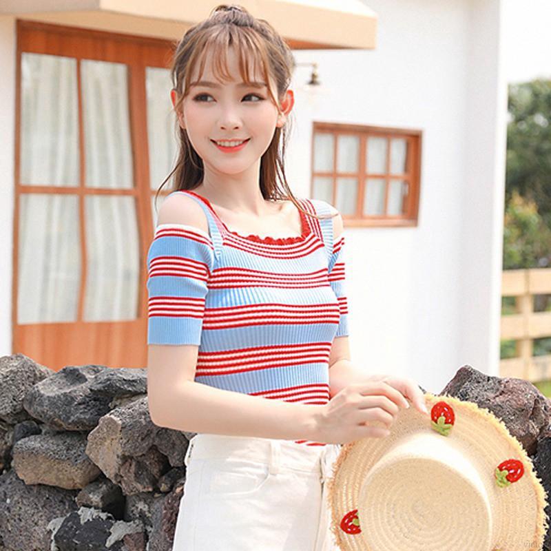 Áo thun len kẻ sọc trễ vai
