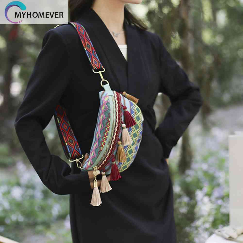 Túi Đeo Chéo Ngực Vải Canvas Phối Tua Rua Phong Cách Thổ Cẩm