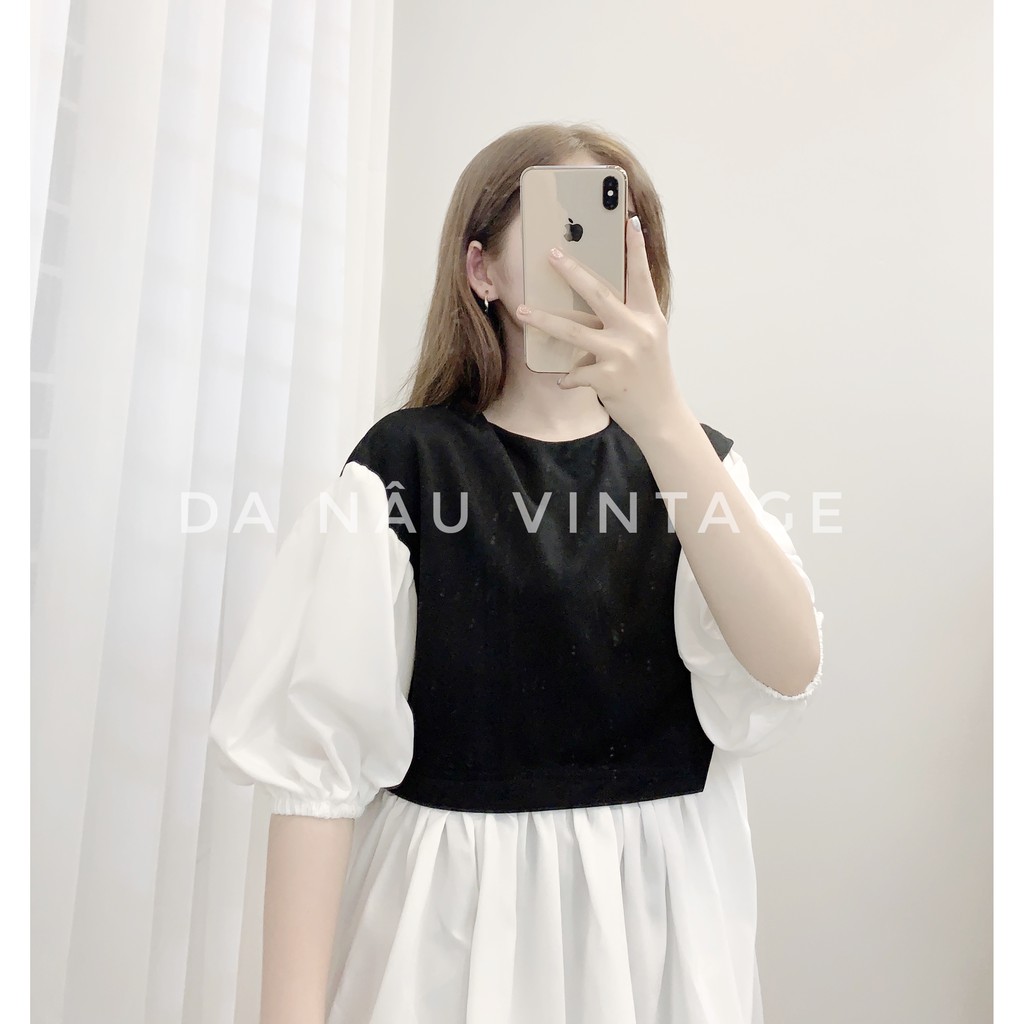 Áo kiểu nữ dáng Babydoll tay phồng tiểu thư phối đen trắng thắt dây eo – Da Nâu Vintage