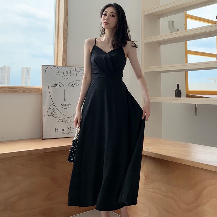 Đầm Hai Dây Dáng Chữ A Màu Đen Thời Trang Mùa Hè Phong Cách Hàn Quốc Cho Nữ