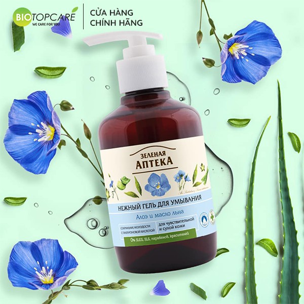 Gel rửa mặt Zelenaya Apteka lô hội và dầu hạt lanh dành cho da khô và da nhạy cảm 270ml - BioTopcare Official