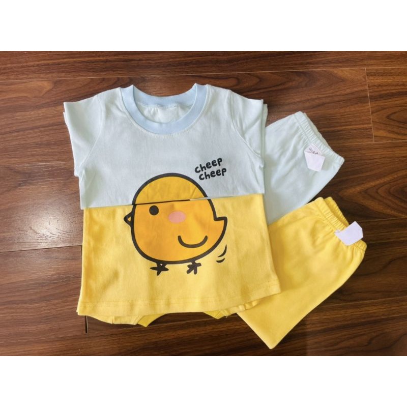 Bộ ngủ cotton mặc nhà dài tay thu đông bo gấu hình con vịt màu vàng màu xanh vải xuất Hàn cho bé trai bé gái