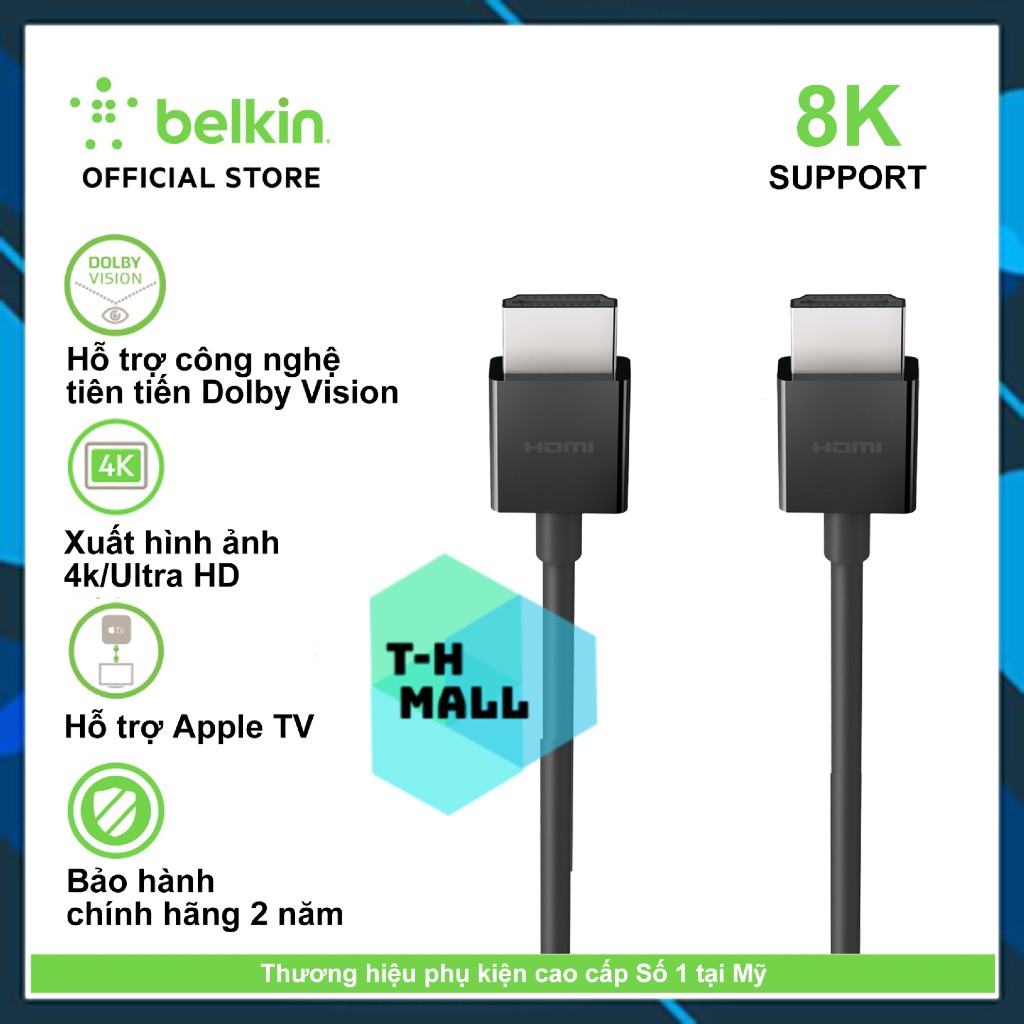 [New 100% nobox] Cáp HDMI 2.1 Belkin Ultra HD 8K dài 2 mét AV10175bt2M-BLK Dolby Vision