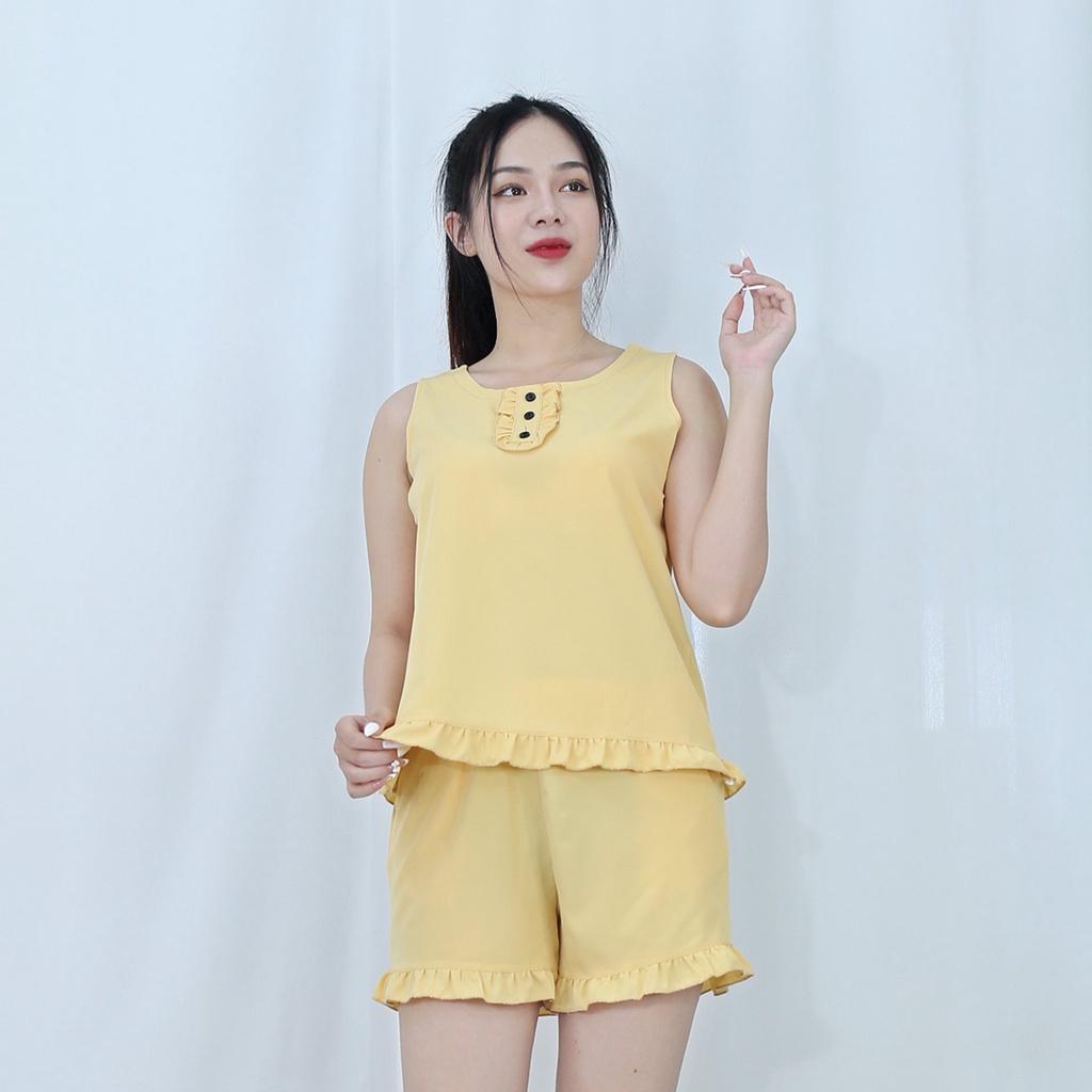 [HÌNH THẬT 100%]  Bộ đồ bộ ngắn  SÁT NÁCH BÈO VÀNG DA NÚT ĐEN  - vải lụa ao cấp  - Mềm mại nhẹ