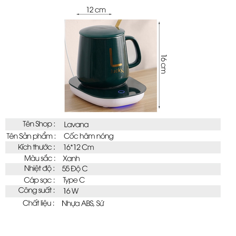 Bộ cốc hâm nóng đồ uống kèm đế điện bằng sứ tằng kèm thìa mạ vàng-Tổng kho gia dụng