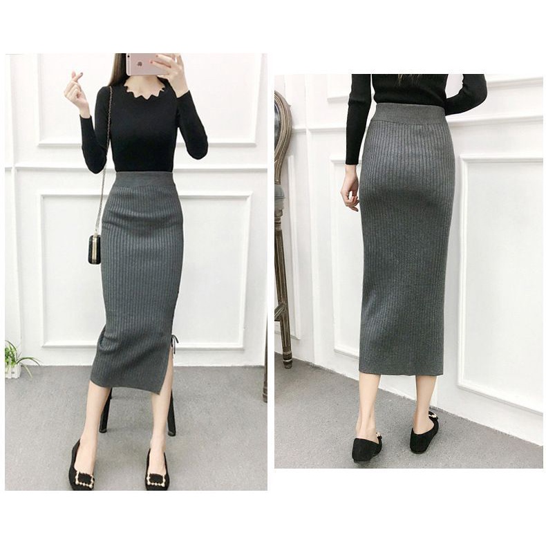Chân váy len dáng dài mặc 2 kiểu, xẻ gấu buộc dây buộc dễ thương VAY97