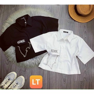 Áo sơ mi croptop gắn dây xích cá tính