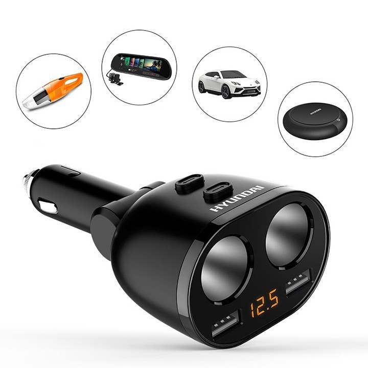 Bộ chia tẩu sạc ô tô HYUNDAI chia cổng usb trên oto 2 nguồn tẩu, 2 cổng sạc 3.1Amax - HY16