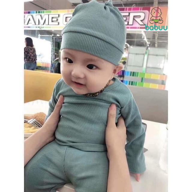 Bộ Dài Tay Thun Gân Tăm Kèm Mũ Củ Tỏi MINKY MOM Cho Bé Gái Bé Trai-Set Bộ Len Tăm Củ Tỏi 0 1 2 3 4 5 Tuổi BABULALA LT01