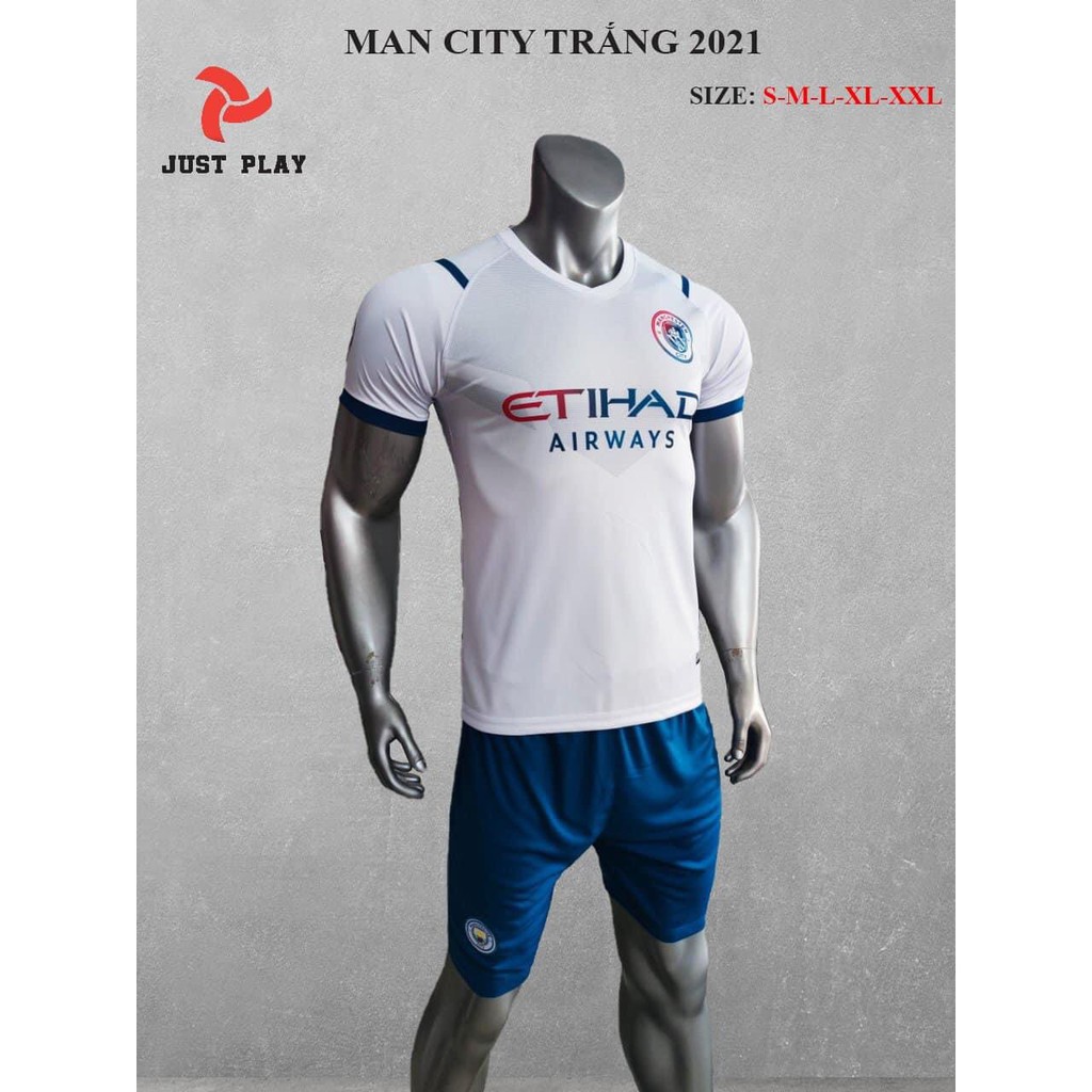 Bộ quần áo đá banh thun lạnh chyên dụng câu lạc bộ Mancity trắng mùa giải 2021-2022