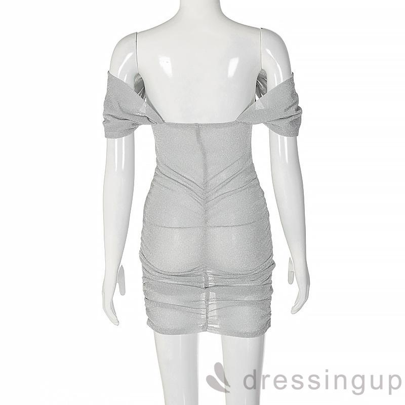 Đầm midi tay ngắn trễ vai eo cao màu bạc/đen thời trang mùa hè cho nữ