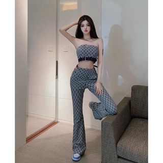 Set áo ống + quần dài ống loe kẻ sọc gợi cảm