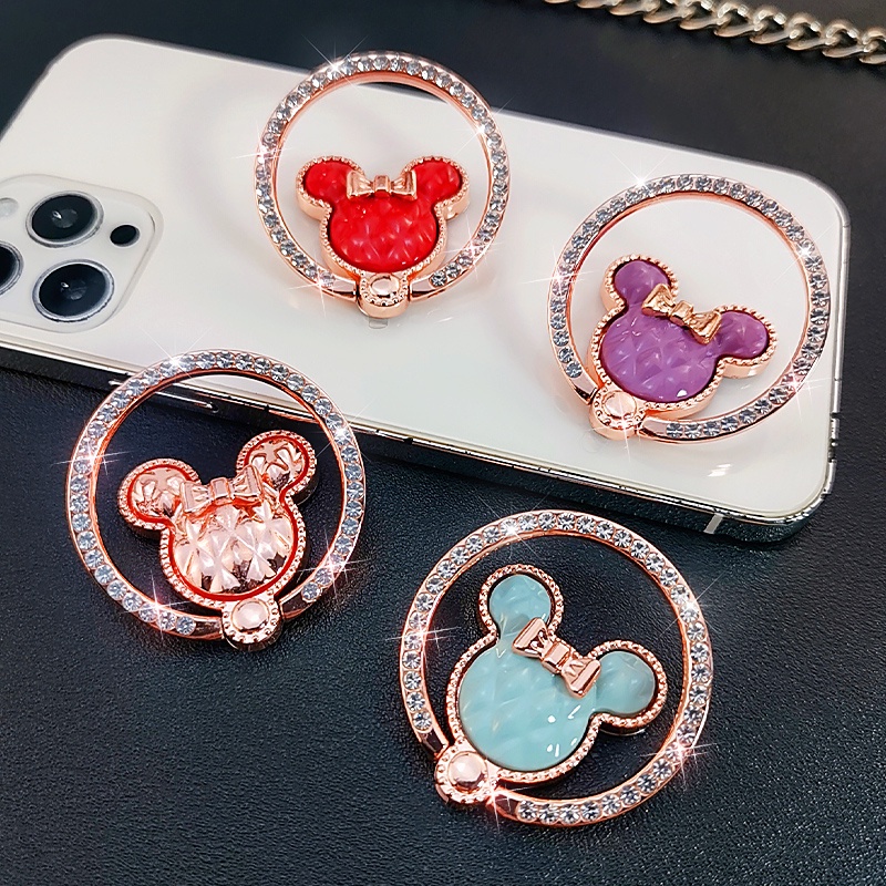 Giá Đỡ Điện Thoại Dạng Nhẫn Hình Đầu Chuột Mickey Xoay 360 Độ Đính Kim Cương Lấp Lánh Thời Trang Đơn