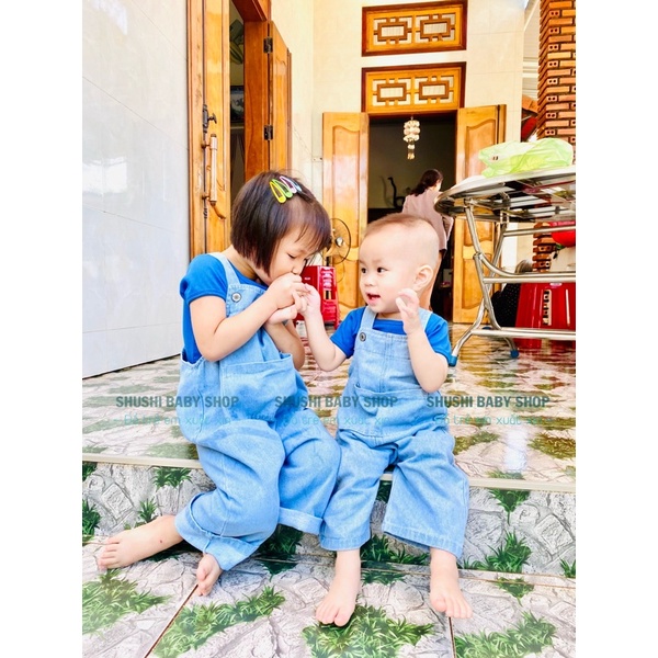 yếm jean yếm bò bé trai bé gái demin unisex quần yếm jeans dài vintage ống suông ống rộng hàn quốc 1 đến 7 tuổi SHUSHI