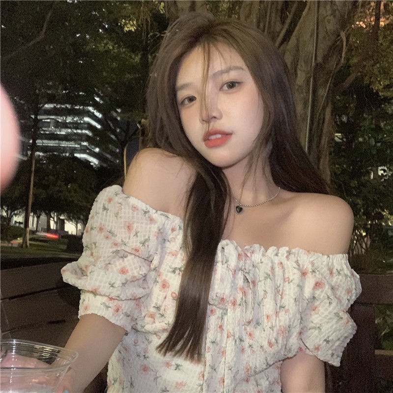 Áo voan COZOKC trễ vai họa tiết hoa thời trang cho nữ