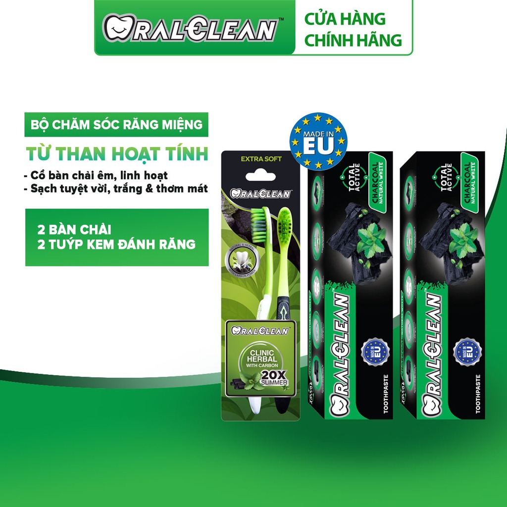 Bộ chăm sóc răng miệng OralClean từ than hoạt tính: 2 Kem đánh răng Than Hoạt Tính 100ml và 2 Bàn chải